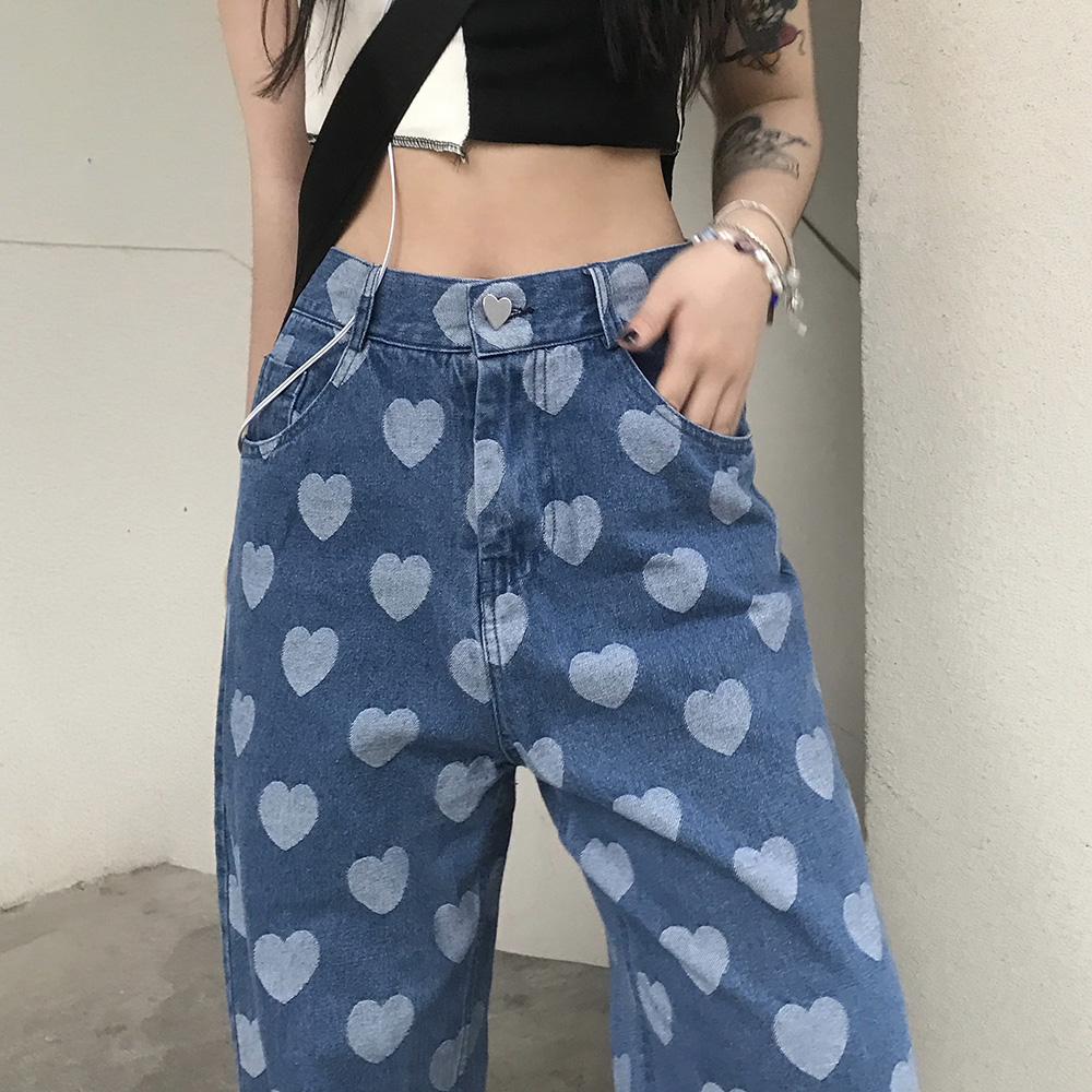 Heart Printed Soft Girl Aesthetic Baggy Jeans