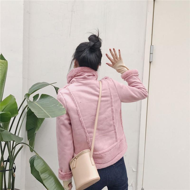 High Neck Fluffy Faux Fur Pink White Belts Zipper Outwear Jacket