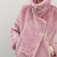 High Neck Fluffy Faux Fur Pink White Belts Zipper Outwear Jacket