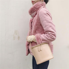 High Neck Fluffy Faux Fur Pink White Belts Zipper Outwear Jacket