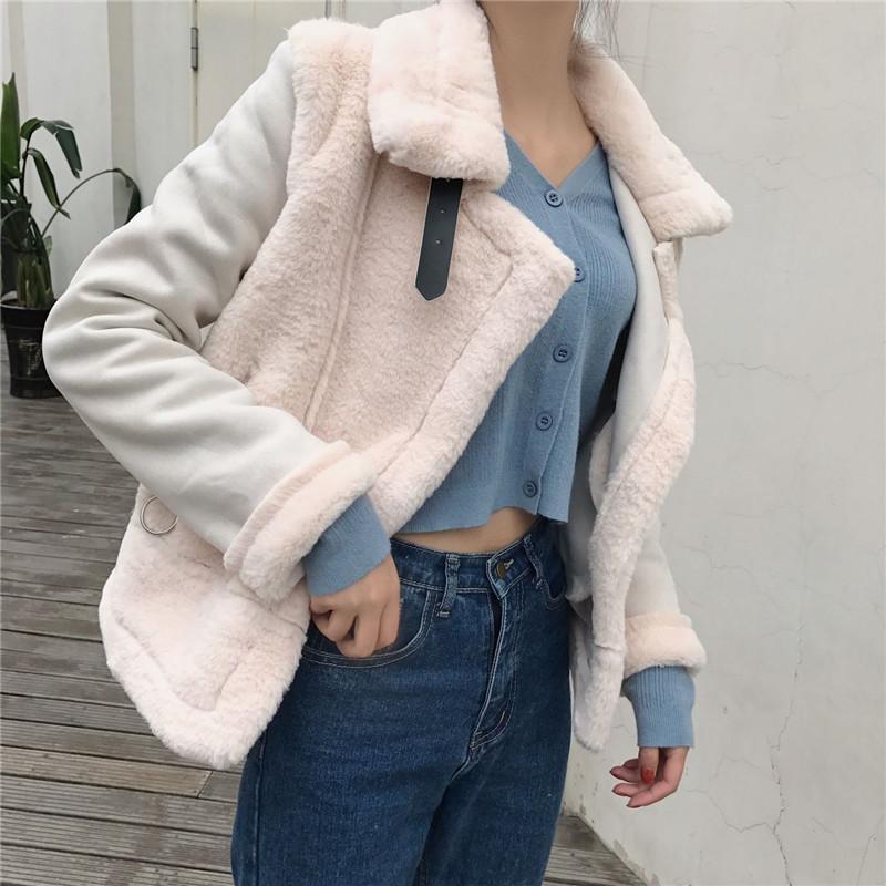 High Neck Fluffy Faux Fur Pink White Belts Zipper Outwear Jacket