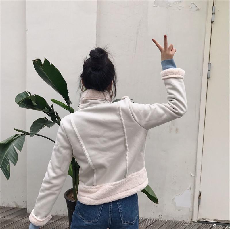 High Neck Fluffy Faux Fur Pink White Belts Zipper Outwear Jacket