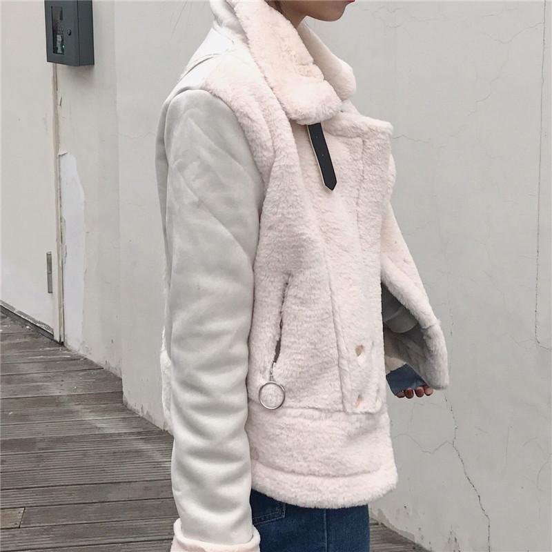 High Neck Fluffy Faux Fur Pink White Belts Zipper Outwear Jacket