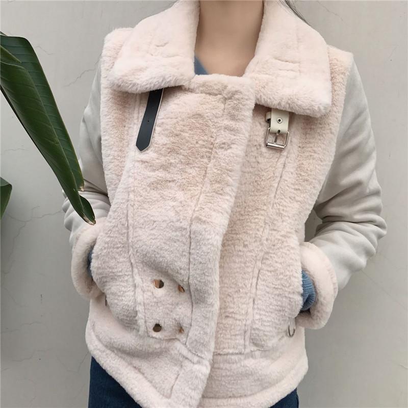 High Neck Fluffy Faux Fur Pink White Belts Zipper Outwear Jacket