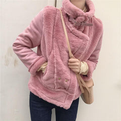 High Neck Fluffy Faux Fur Pink White Belts Zipper Outwear Jacket