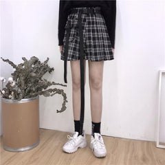 High Waist Black Belts Pleated Plaid Skirt