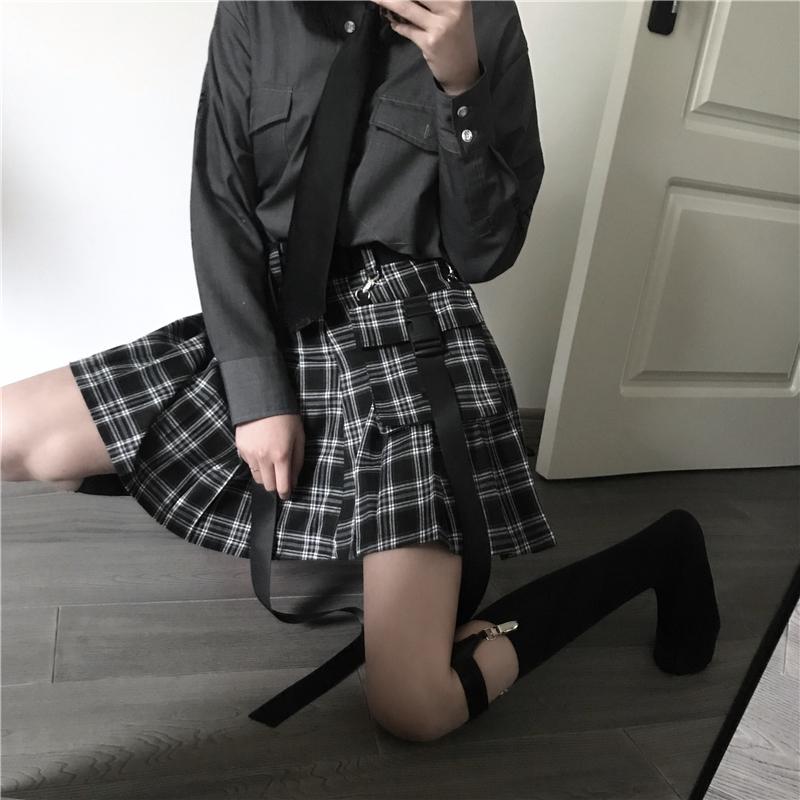 High Waist Black Belts Pleated Plaid Skirt