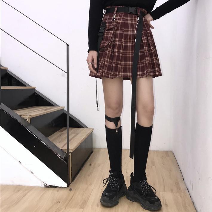 High Waist Black Belts Pleated Plaid Skirt