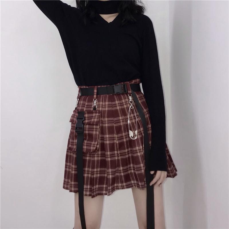 High Waist Black Belts Pleated Plaid Skirt