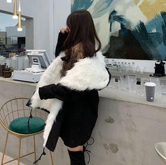 Huge White Faux Fur Hood Black Loose Coat