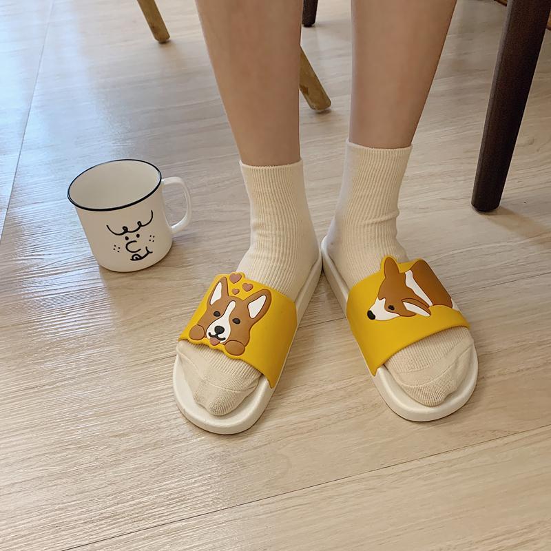 Kawaii Corgi Rubber Flat Slipper Black White Sandals