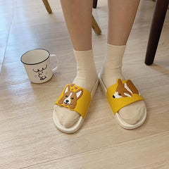 Kawaii Corgi Rubber Flat Slipper Black White Sandals