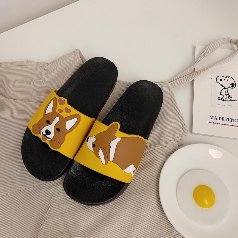 Kawaii Corgi Rubber Flat Slipper Black White Sandals