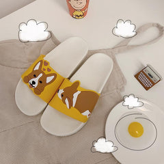 Kawaii Corgi Rubber Flat Slipper Black White Sandals