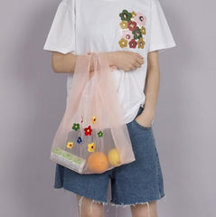 Kawaii Embroidered Fruits Mesh Shoulder Tote Bag