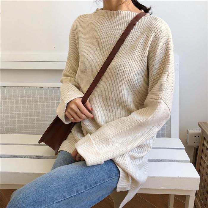 Knit Long Loose Beige Black Cream Sweater