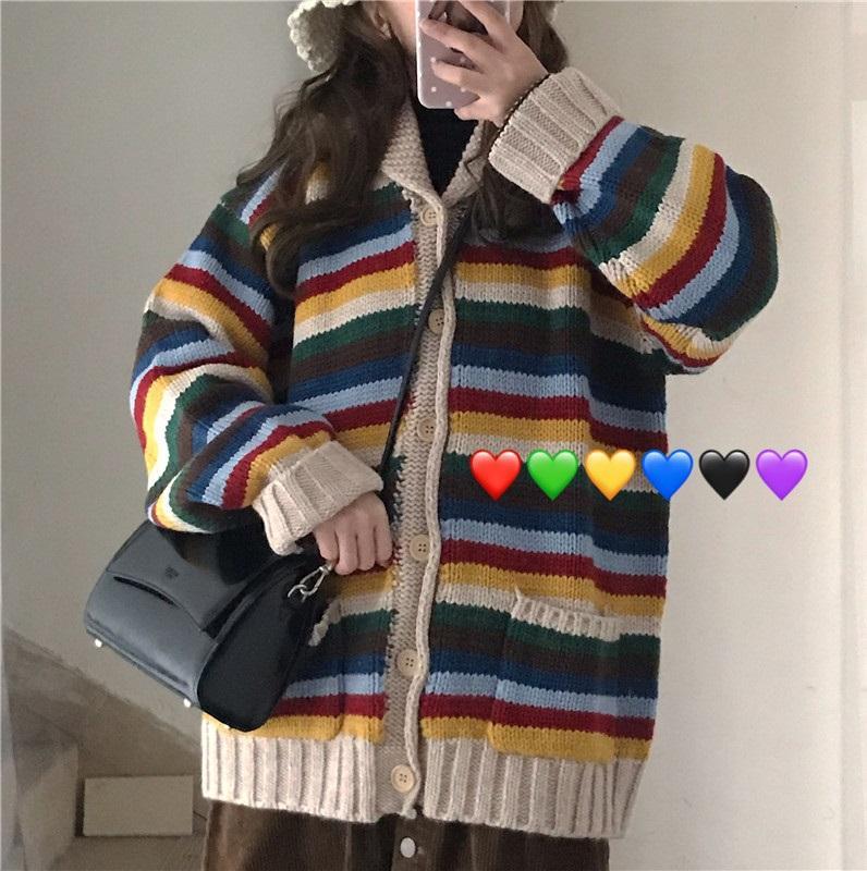Strickpullover mit Vintage-Regenbogenstreifen und lockerem Cardigan 