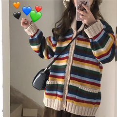 Strickpullover mit Vintage-Regenbogenstreifen und lockerem Cardigan 