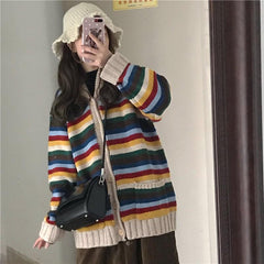 Strickpullover mit Vintage-Regenbogenstreifen und lockerem Cardigan 