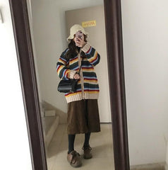 Strickpullover mit Vintage-Regenbogenstreifen und lockerem Cardigan 