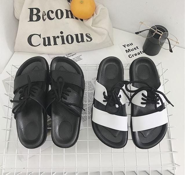 Lace Up Black Pu Summer Flat Rubber Sandals