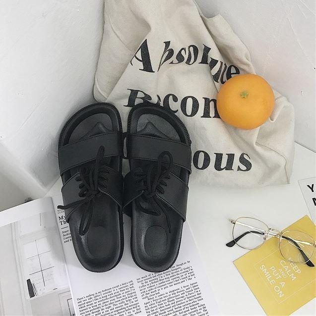 Lace Up Black Pu Summer Flat Rubber Sandals