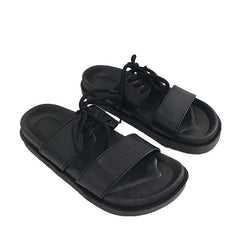 Lace Up Black Pu Summer Flat Rubber Sandals