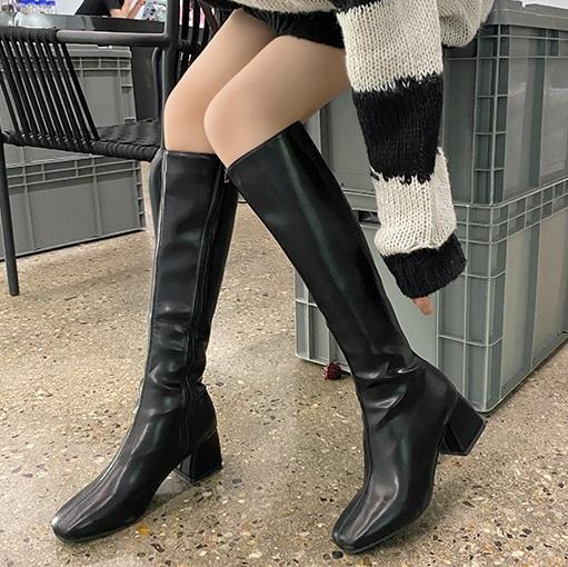 Leather Stitching Knee-High Chunky Heel Boots