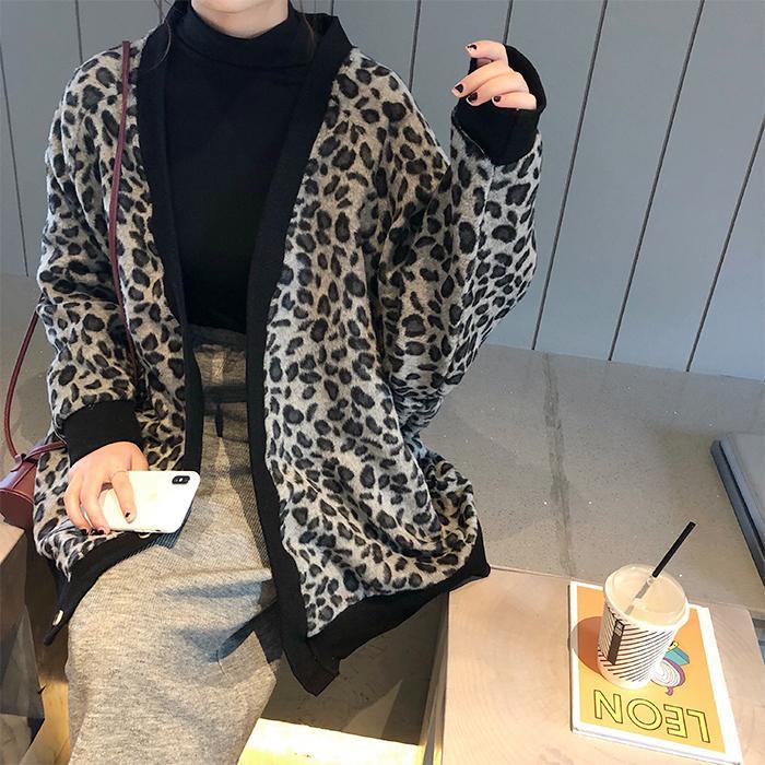 Leopard Pattern Beige Gray Oversize Knitted Cardigan