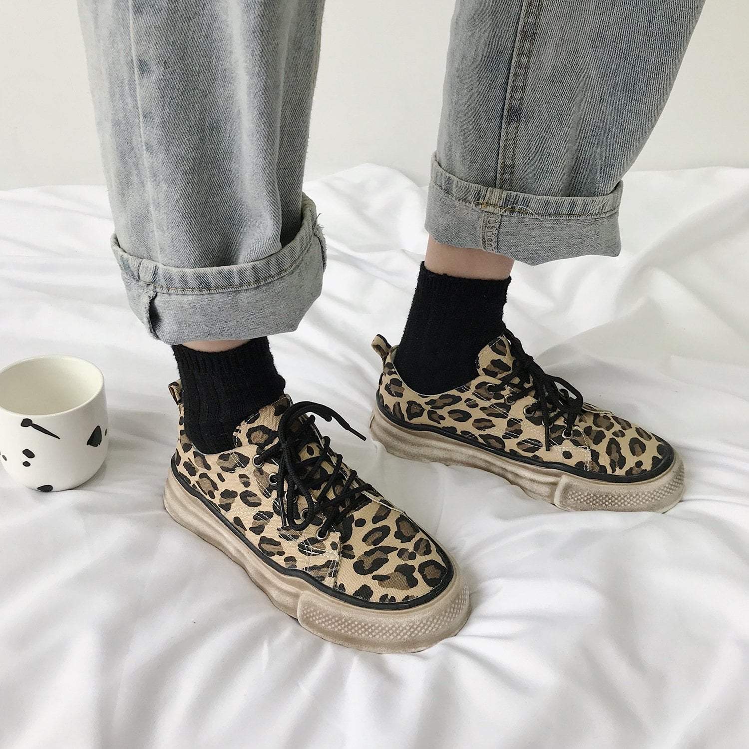 Leopard Print Flat Platform Canvas Sneakers