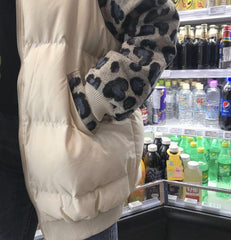 Leopard Print Sleeves Zipper Padded Coat Outwear