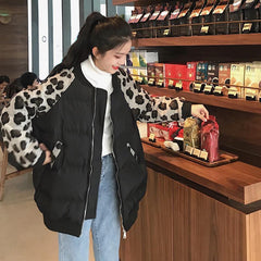 Leopard Print Sleeves Zipper Padded Coat Outwear