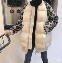 Leopard Print Sleeves Zipper Padded Coat Outwear