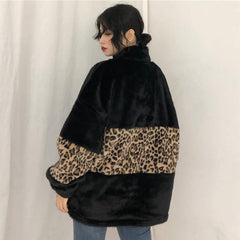 Leopard Stitching Zipper High Collar Fluffy Jacket