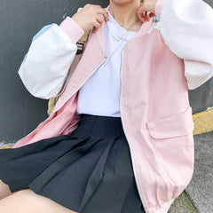 Light Pastel Colors Patchwork Sleeve Blue Line Windbreaker Zipper Jacket