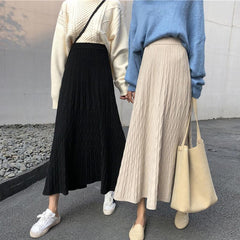 Long High Waist Black Beige Ribbed Skirt