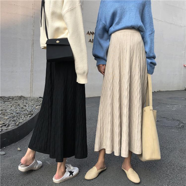 Long High Waist Black Beige Ribbed Skirt