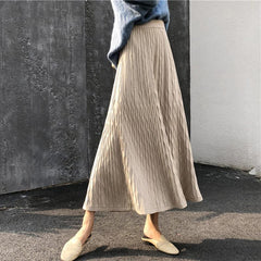 Long High Waist Black Beige Ribbed Skirt