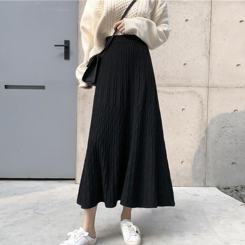 Long High Waist Black Beige Ribbed Skirt