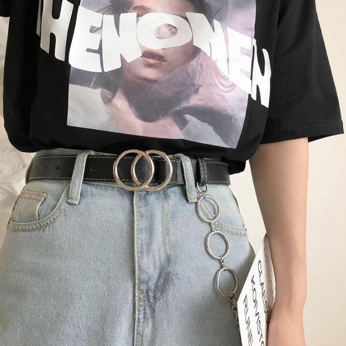 Metallic Double Circle Buckle Belt + Punk Waist Chains