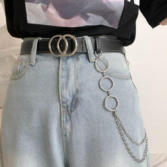 Metallic Double Circle Buckle Belt + Punk Waist Chains