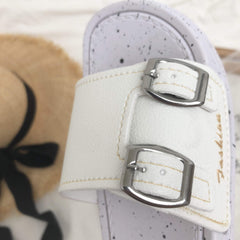 Minimal Black White Buckle Open Flat Sandals