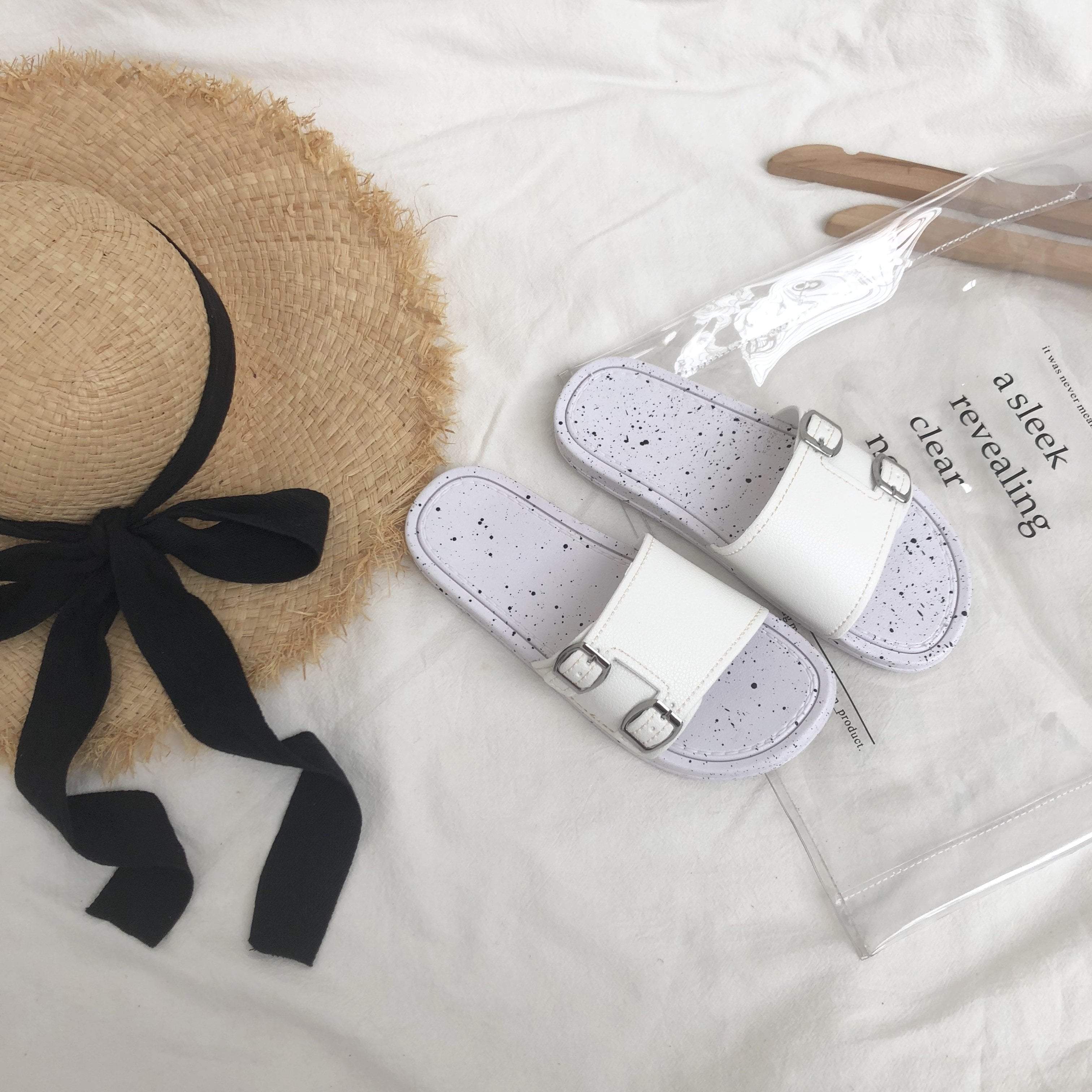 Minimal Black White Buckle Open Flat Sandals