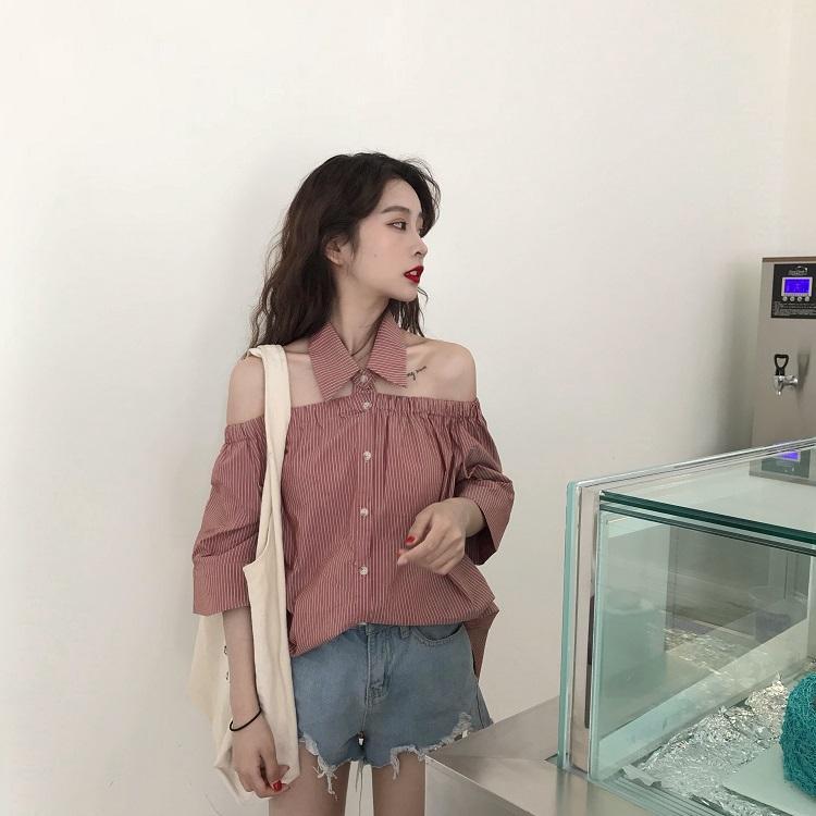 Open Shoulders Elastic Band Buttons Collar Striped Shirt