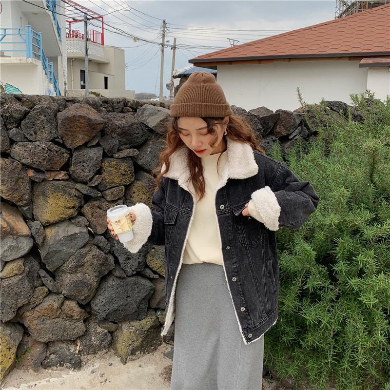 Outwear Fluffy Denim Warm Blue Black Jacket