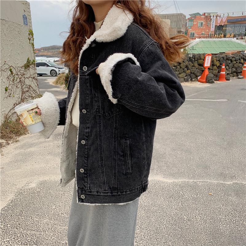 Outwear Fluffy Denim Warm Blue Black Jacket