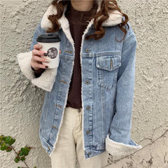 Outwear Fluffy Denim Warm Blue Black Jacket