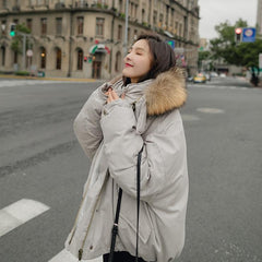 Outwear Fur Hood Beige Gray Overzise Puff Jacket