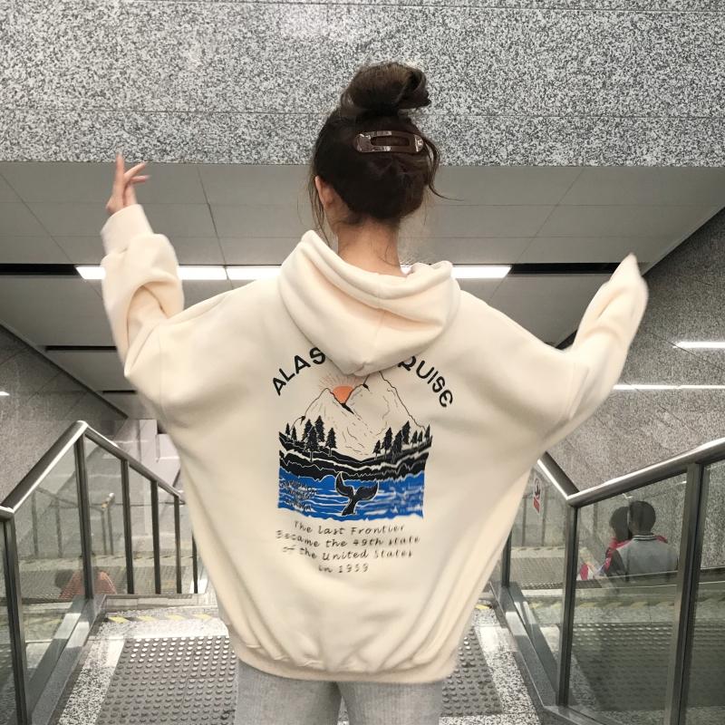 Oversize Alaska Cruise Print Warm Hooded Sweatshirt