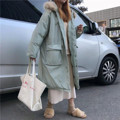 Oversize Pink Mint Faux Fur Hooded Long Coat